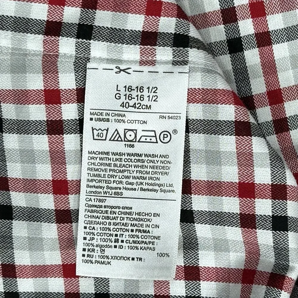 Banana Republic Men L Camden Fit Non-Iron Red Gray Black Herringbone Plaid Shirt